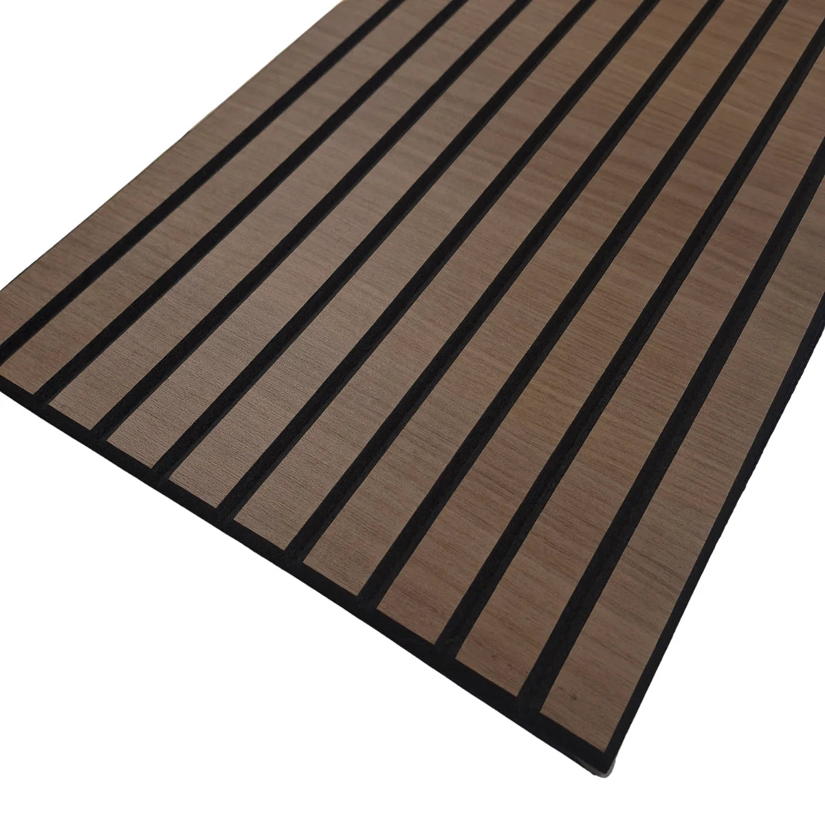 Slatted acoustic wall panel in smoked oak finish with rich brown tones and modern timber slat design for interior spaces by solid furniture UK
