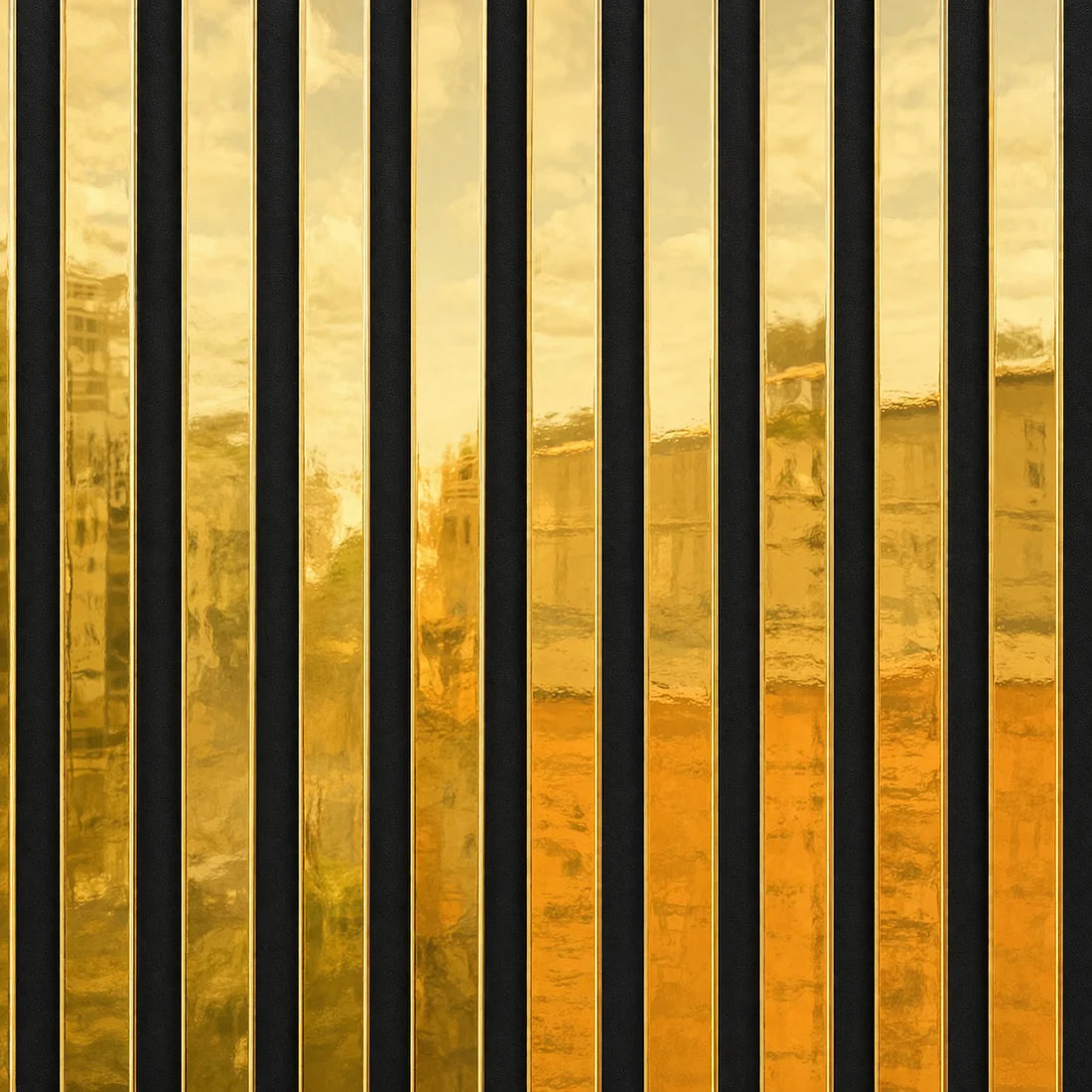 Close-up of shiny gold acoustic wall panels by Solid Furniture UK highlighting HDF material, slat spacing, and premium gold finish