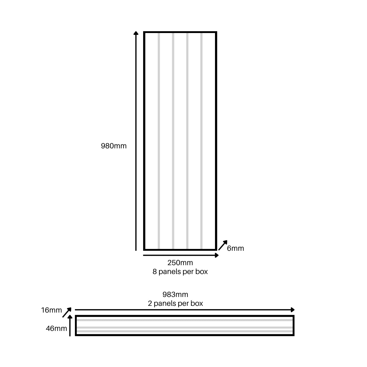Slatted wainscoting wall panel and finishing trim showing height, width and depth dimensions by Solid Furniture UK