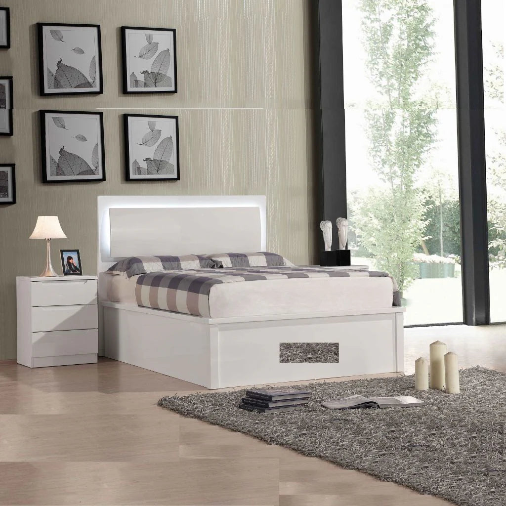 Solid Furniture UK Slim LED high gloss white ottoman storage bed frame with modern headboard and built-in LED lighting, main view