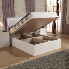 Solid Furniture UK Slim LED high gloss white ottoman storage bed frame showing spacious under-bed storage with gas lift mechanism