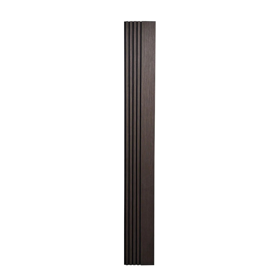 Close-up view of Smoked Oak 240 x 30 cm acoustic wood veneer wall panel by Solid Furniture UK showcasing dark modern grain and 3 sided veneer detail