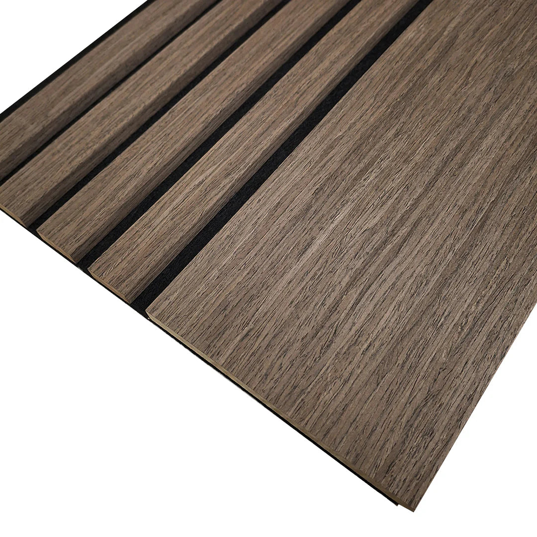 Smoked Oak 240 x 30 cm acoustic wood veneer wall panels by Solid Furniture UK with dark modern finish for luxury interior design