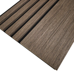 Smoked Oak 240 x 30 cm acoustic wood veneer wall panels by Solid Furniture UK with dark modern finish for luxury interior design