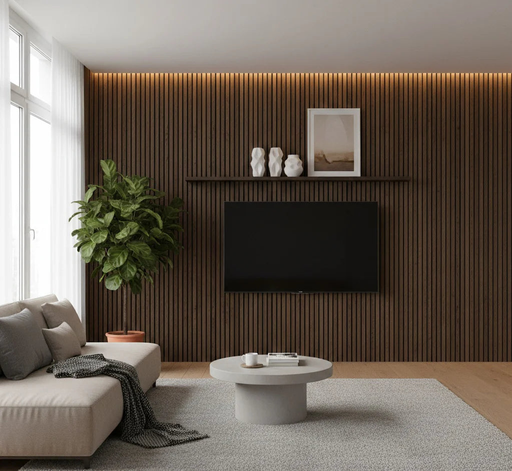 Smoked Oak acoustic slatted wall panels installed in a modern living room, showcasing a sleek dark wood finish with sound-absorbing design. solid furniture UK