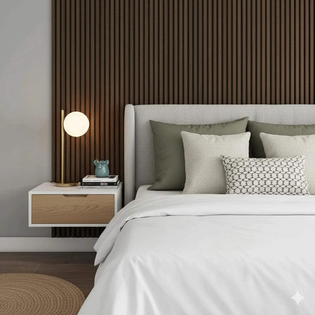 Smoked Oak acoustic slatted wall panels installed in a modern living room, showcasing a sleek dark wood finish with sound-absorbing design. solid furniture UK