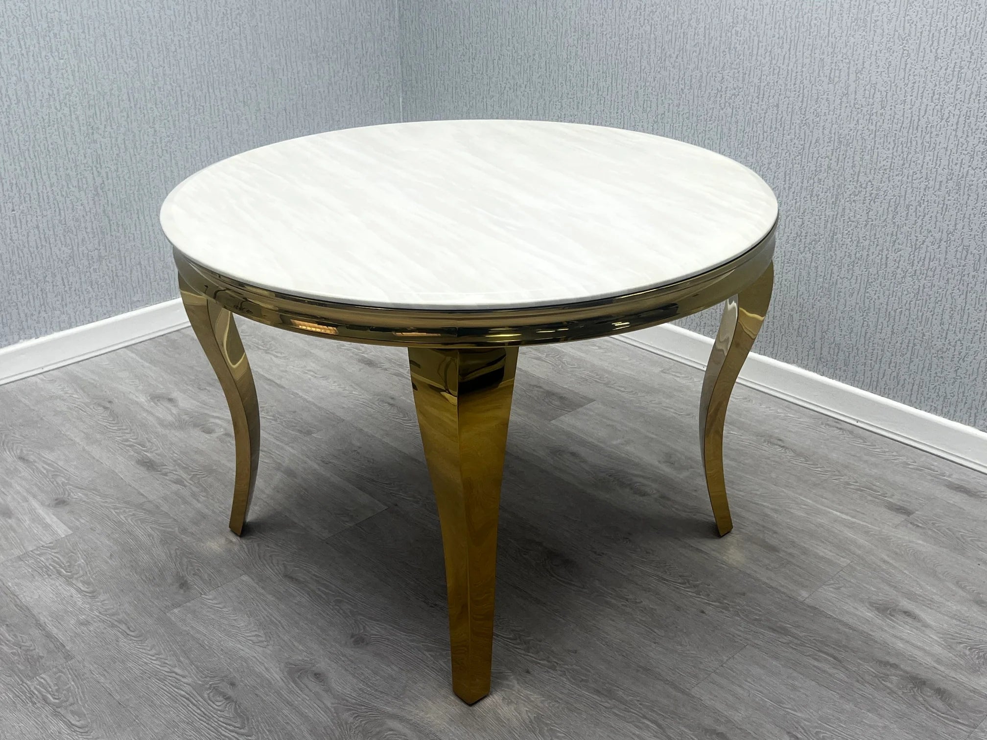 Sofia 1m round gold marble dining table main view with luxury marble top and modern gold pedestal base solid furniture UK
