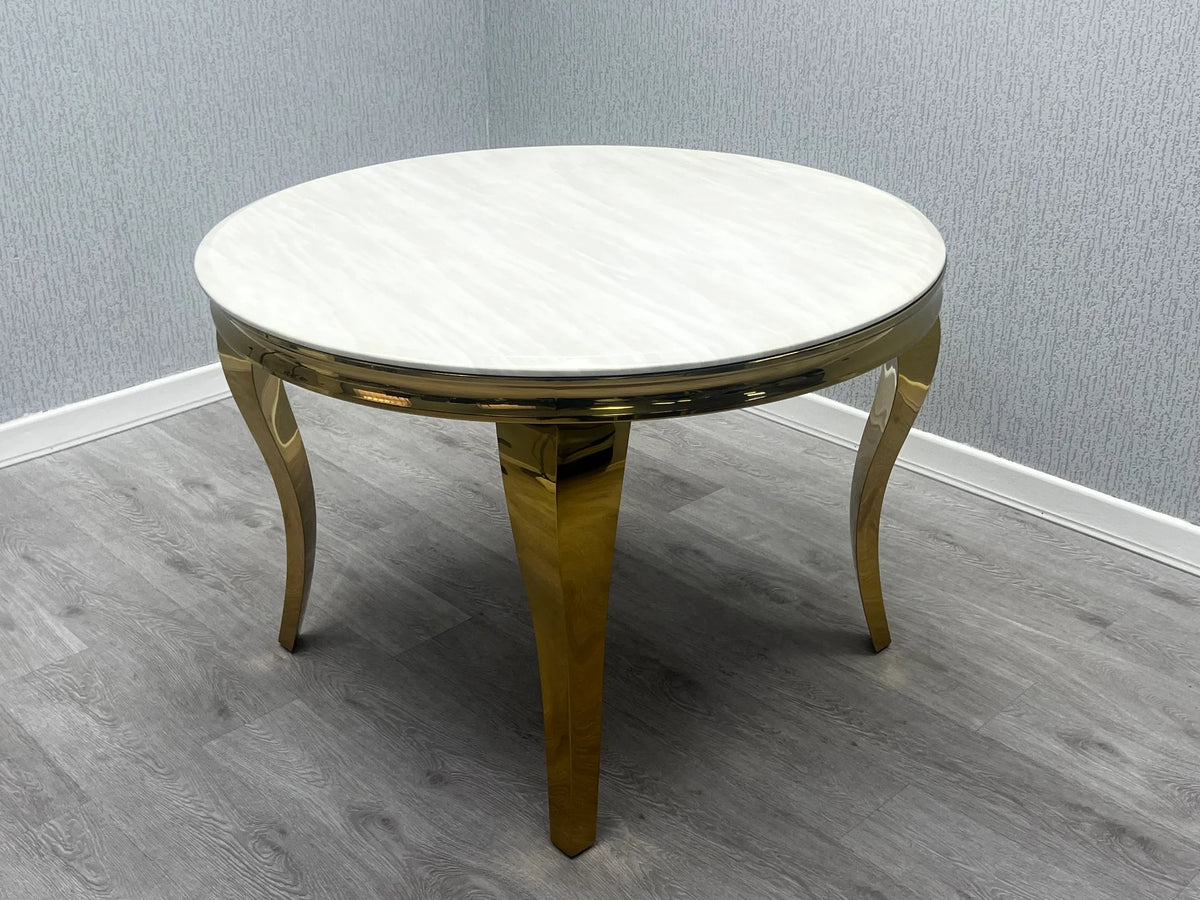 Sofia 1m round gold marble dining table main view with luxury marble top and modern gold pedestal base solid furniture UK