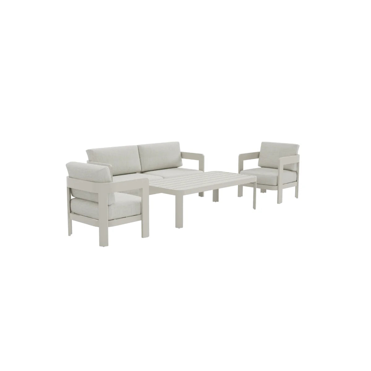 Side view of Sofia 4 seater outdoor lounge set showing sofa profile and table design solid furniture UK