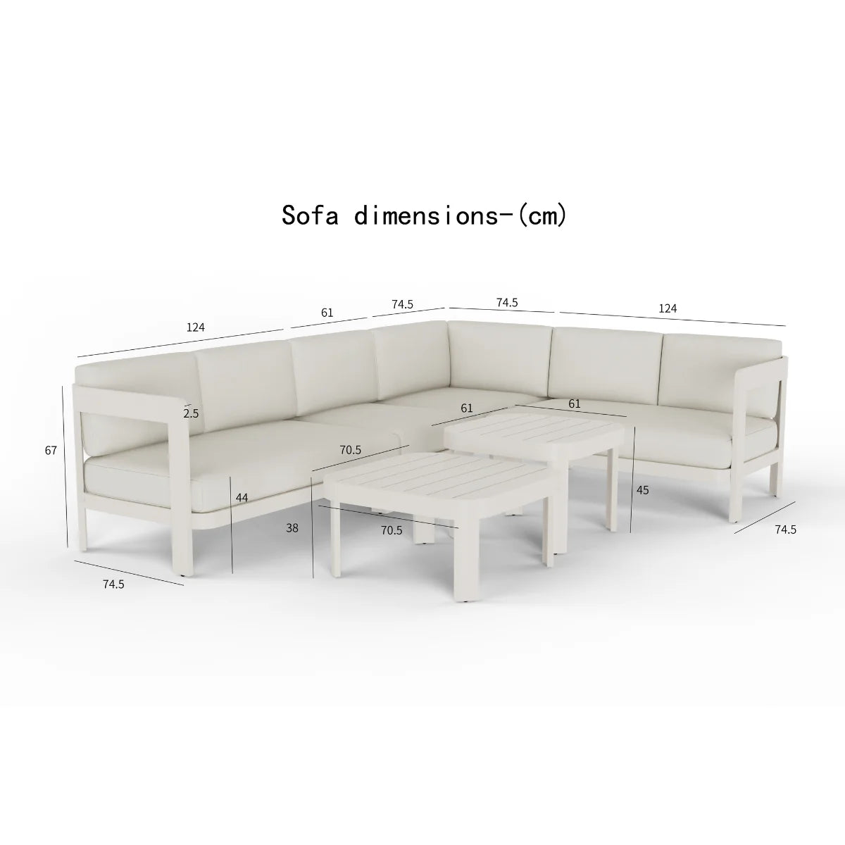 Dimension guide of Sofia 8 seater corner lounge set showing measurements for UK garden spaces from Solid Furniture UK