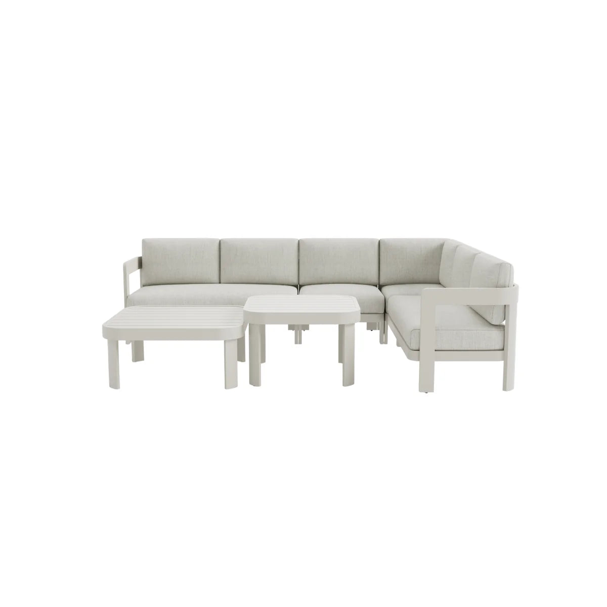 Front view of Sofia 8 seater corner lounge set showing cushions and seating for UK gardens from Solid Furniture UK