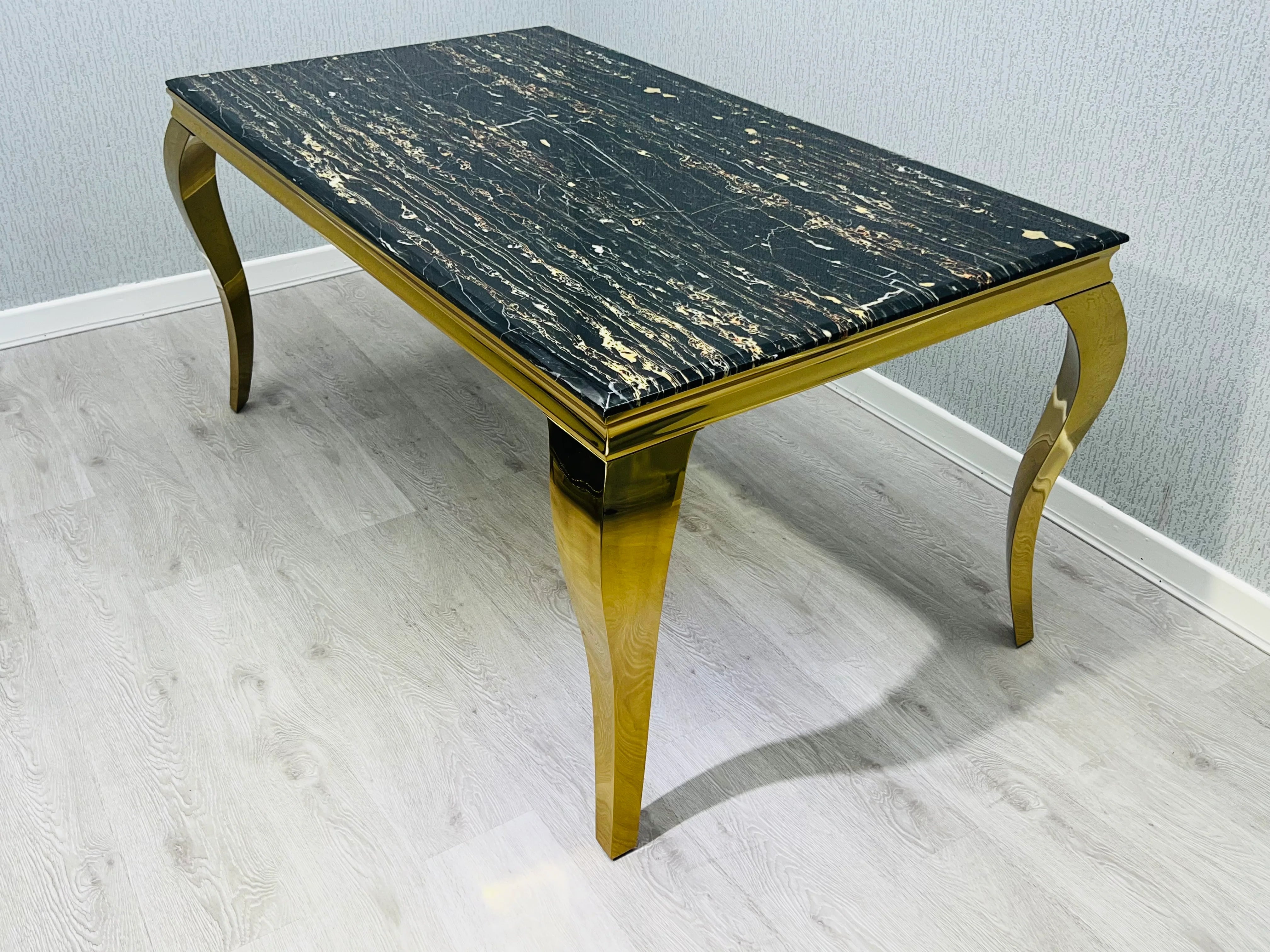 Sofia Gold Marble Dining Table in black and gold finish main view showcasing luxury modern design solid furniture UK