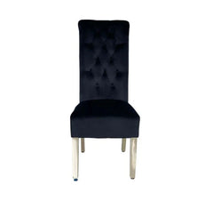 Sofia black velvet dining chair front view with high back and chrome legs by Solid Furniture UK