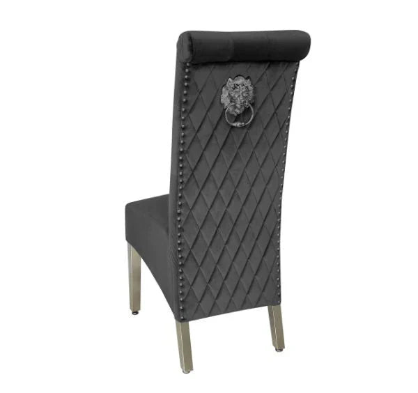 Sofia dark grey velvet dining chair back side view showing chrome legs, padded velvet upholstery, and lion head knocker detail on the rear of the chair. solid furniture uk