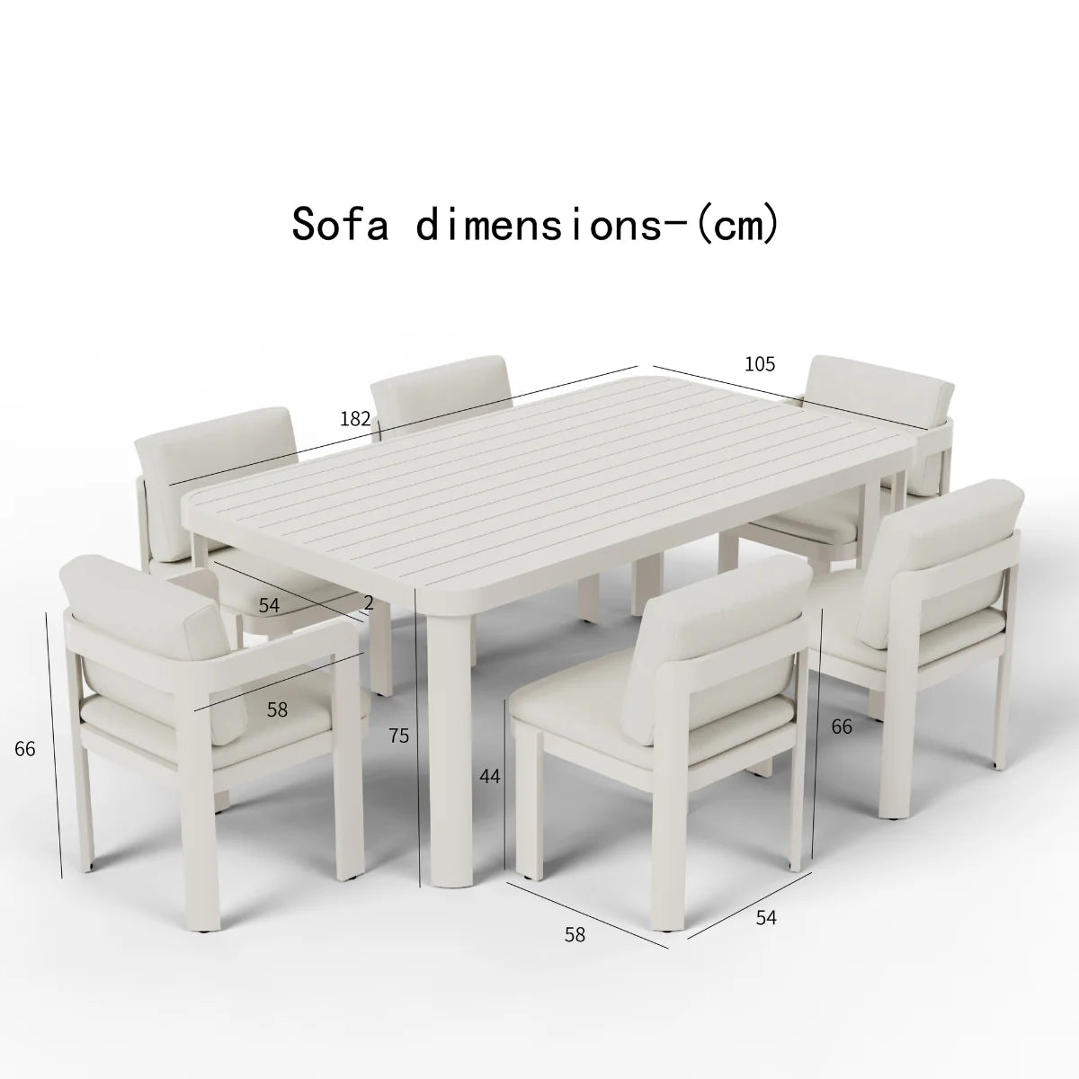 Dimension guide showing measurements of Sofia 6-seater dining table and chairs for outdoor use solid furniture uk