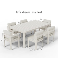 Dimension guide showing measurements of Sofia 6-seater dining table and chairs for outdoor use solid furniture uk