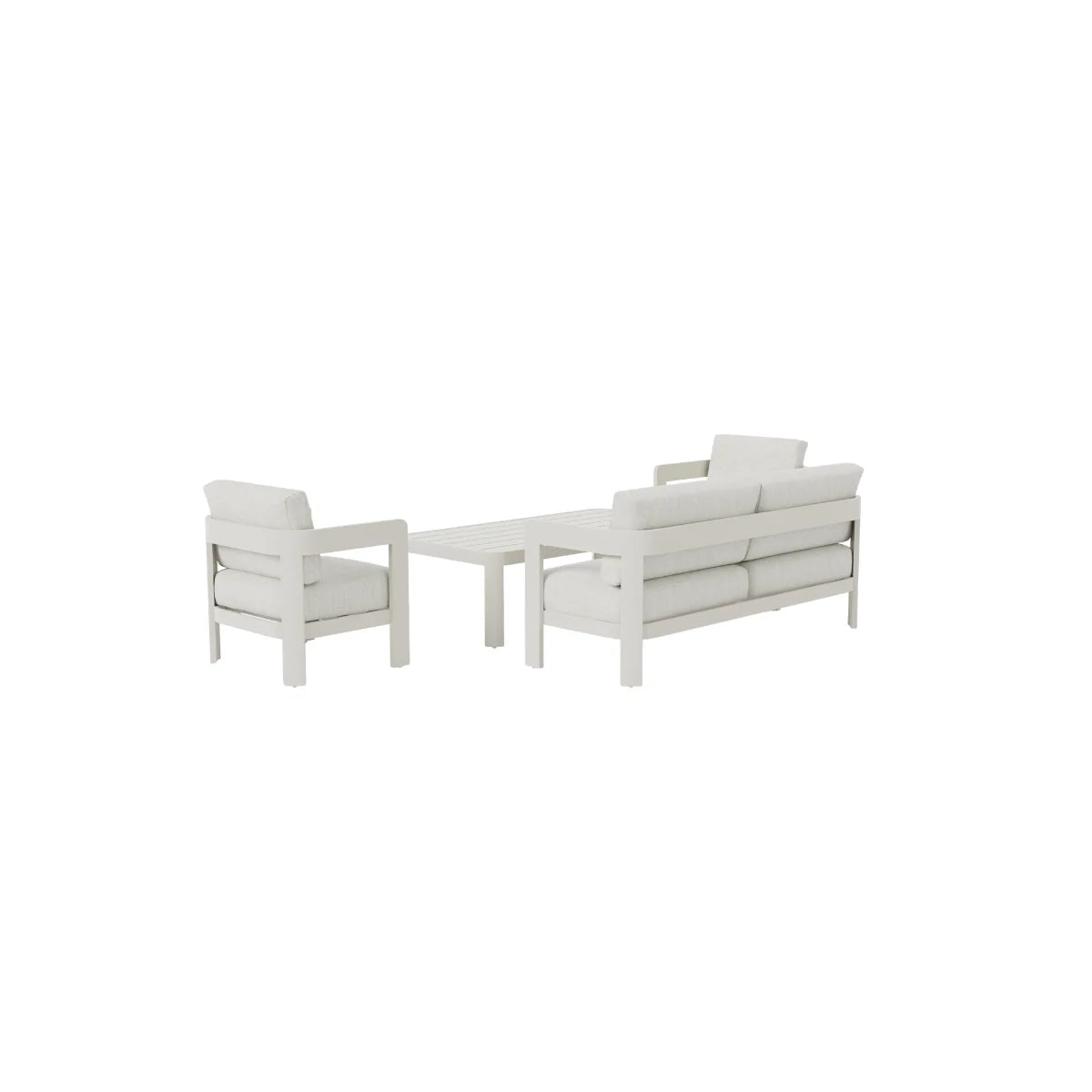 Angled view of Sofia 4 seater garden lounge set showing full seating arrangement and coffee table design solid furniture UK
