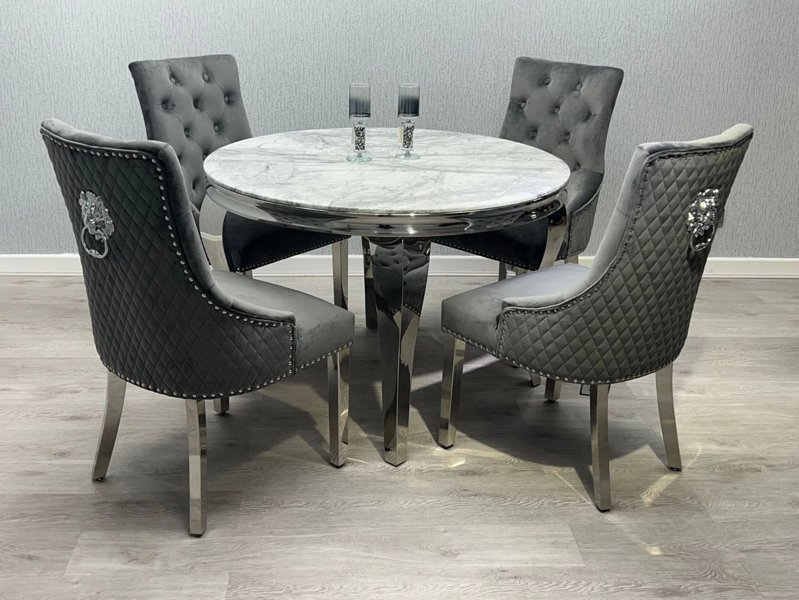 Sofia 1.3m round grey marble dining table with luxury grey base in dining space solid furniture UK