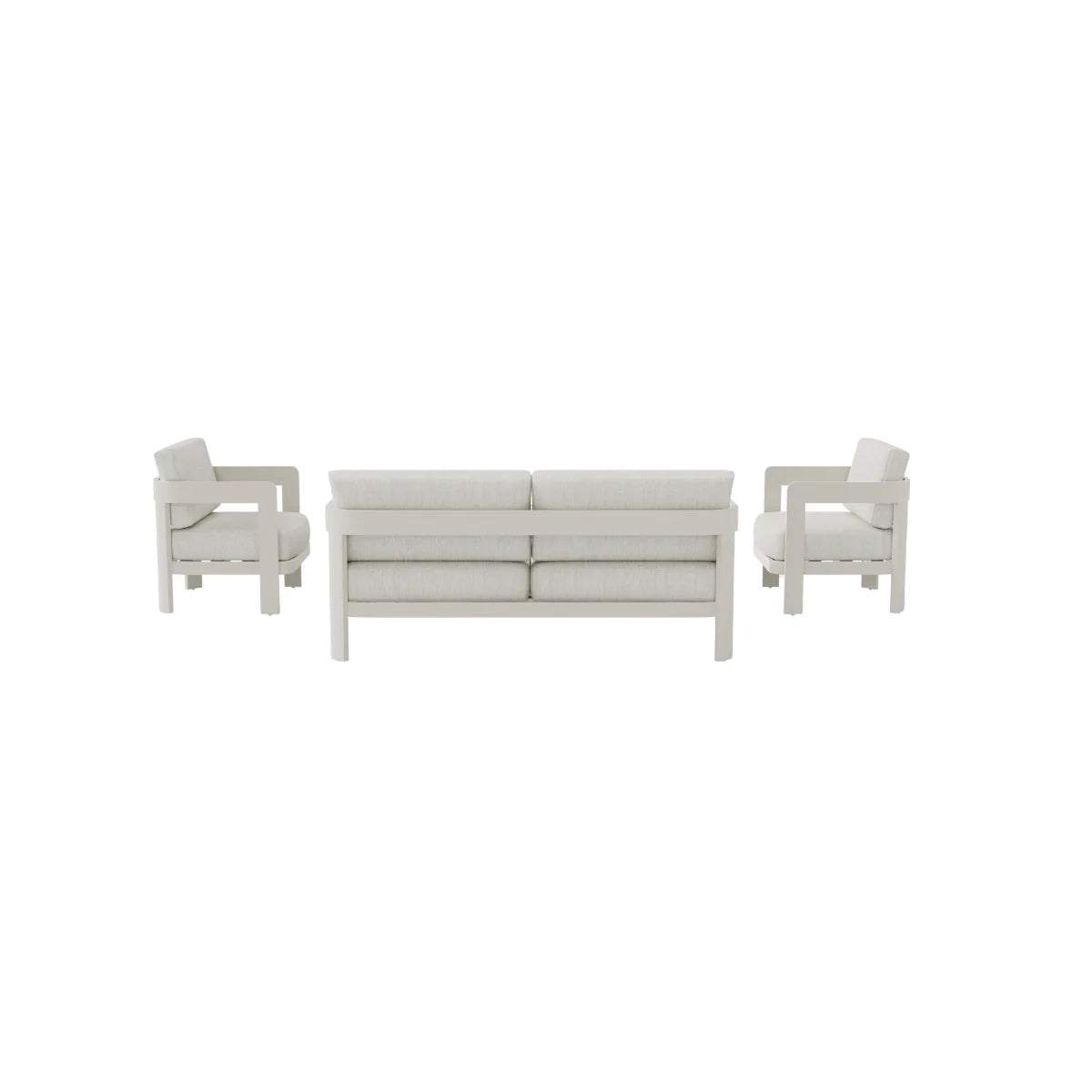 Back view of Sofia outdoor lounge set showing aluminium frame structure and cushion support solid furniture UK