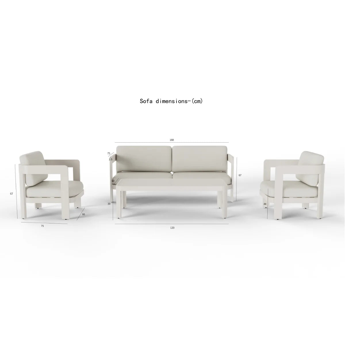 Sofia 4 seater lounge set dimensions showing sofa and chair measurements for garden furniture layout solid furniture uk