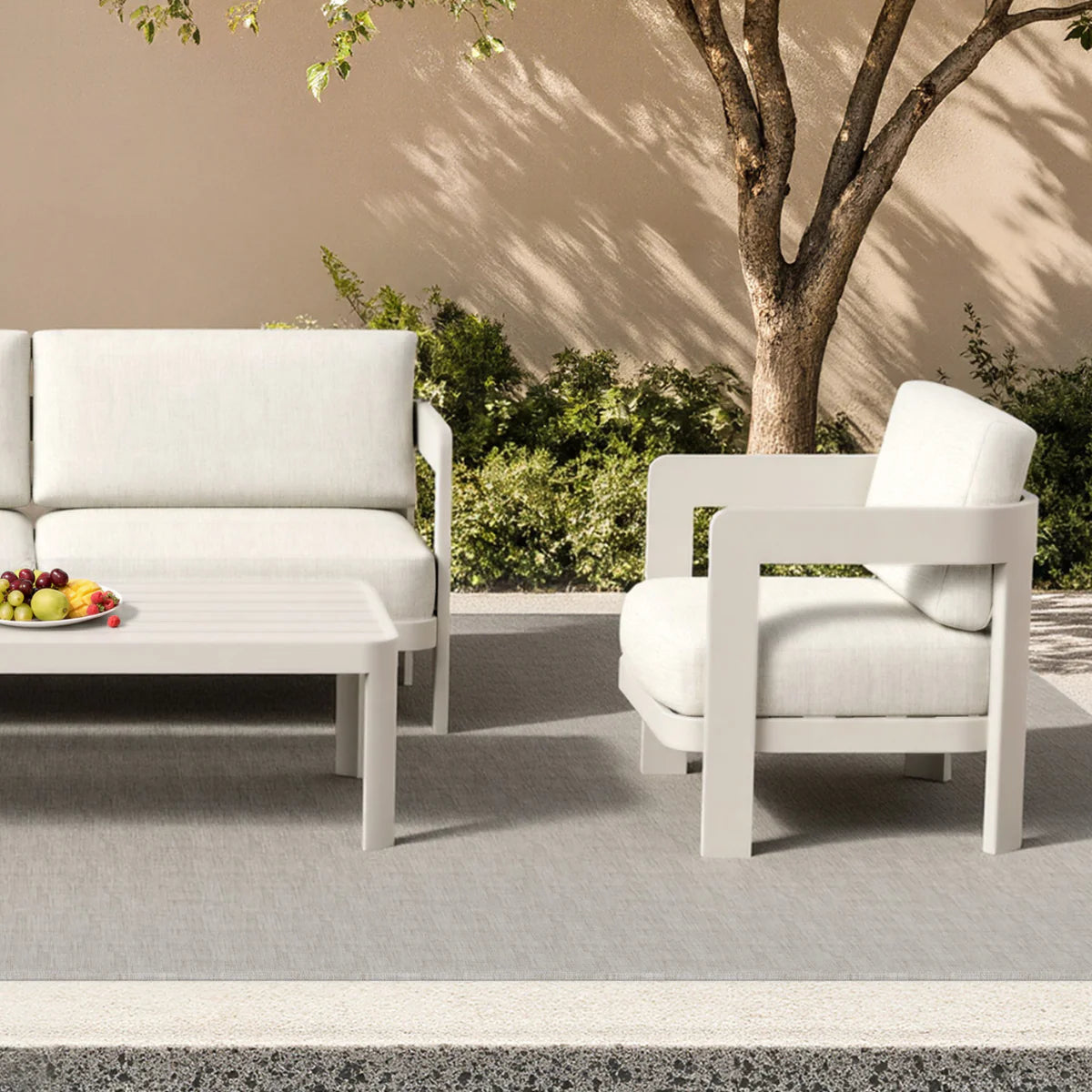 Close view of Sofia outdoor lounge chair with cushioned seating and aluminium frame solid furniture uk