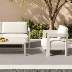 Close view of Sofia outdoor lounge chair with cushioned seating and aluminium frame solid furniture uk
