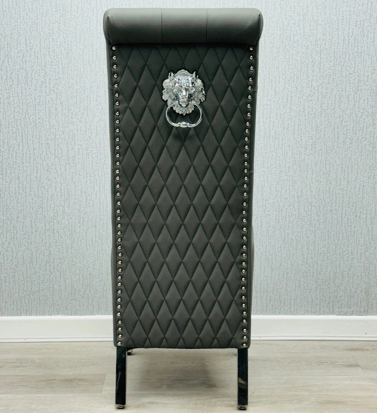Back view of Grey Sofia PU Leather Dining Chair featuring diamond stitching and high back support by Solid Furniture UK