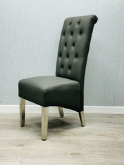 Side view of Grey Sofia PU Leather Dining Chair with comfortable padding and sleek chrome frame by Solid Furniture UK