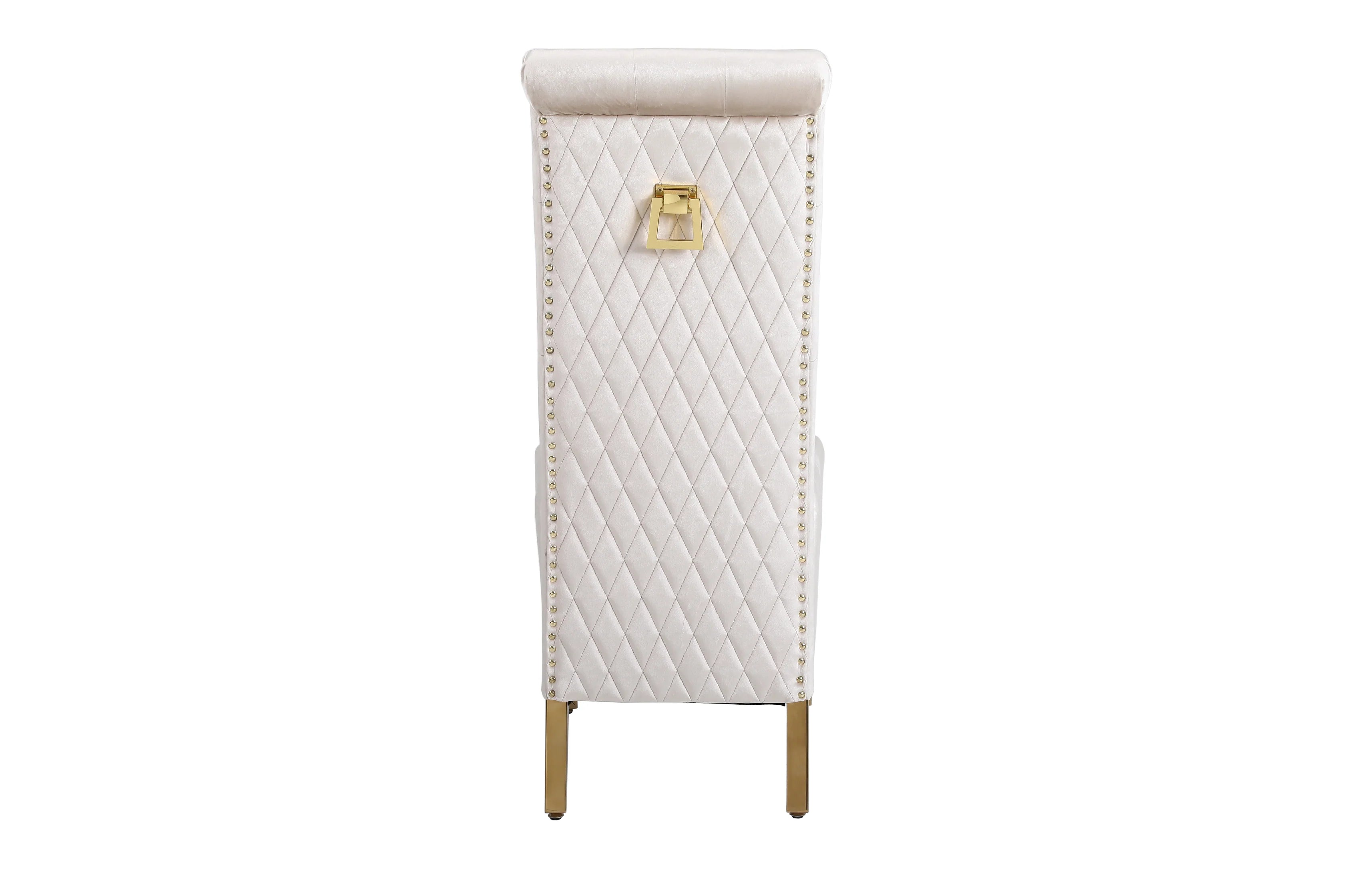 Back view of Sofia Square Knocker Velvet Dining Chair in Cream & Gold with signature knocker detail solid furniutre UK