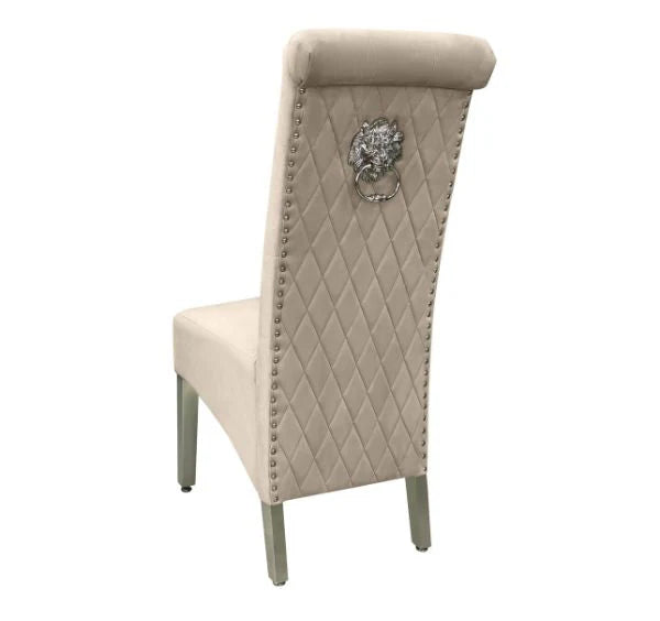 Sofia velvet dining chair in mink color with lion knocker and chrome legs UK set of 2 by Solid Furniture UK