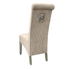 Sofia velvet dining chair in mink color with lion knocker and chrome legs UK set of 2 by Solid Furniture UK