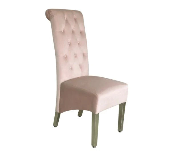 Sofia velvet dining chair pink side view with lion knocker and chrome legs UK set of 2 by Solid Furniture UK