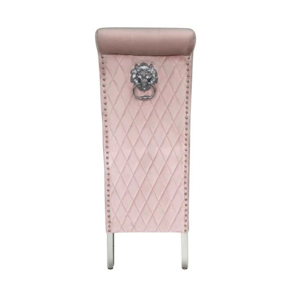 Sofia velvet dining chair in pink velvet with lion knocker and chrome legs UK set of 2 by Solid Furniture UK