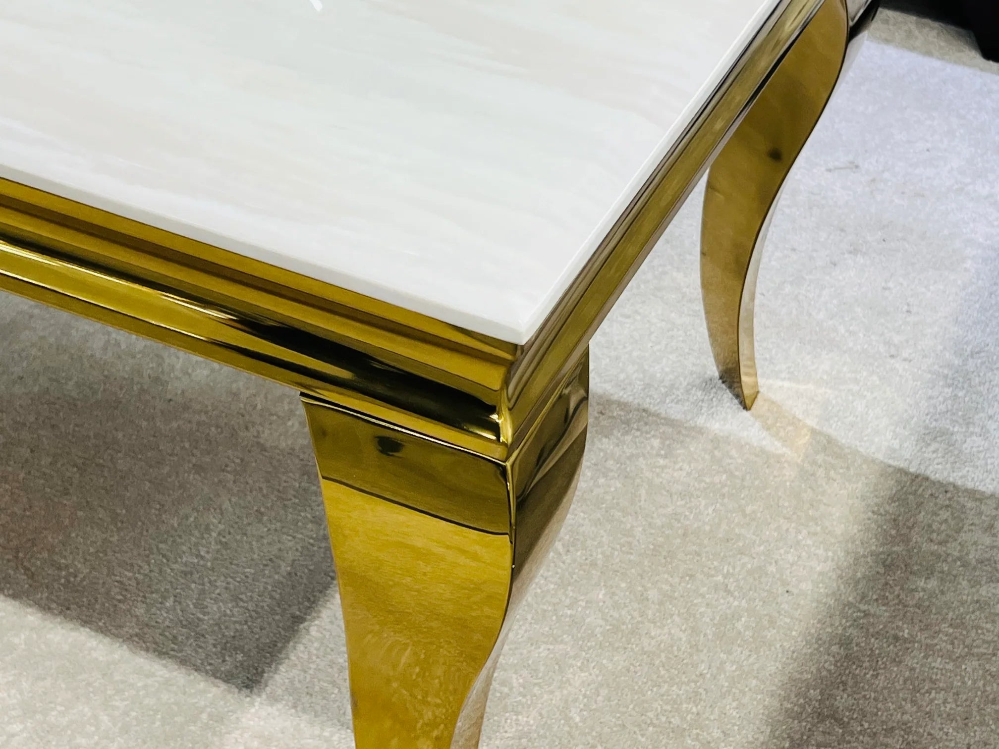 Side view of Sofia White and Gold Marble Dining Table showing elegant gold base and modern rectangular design solid furniture UK