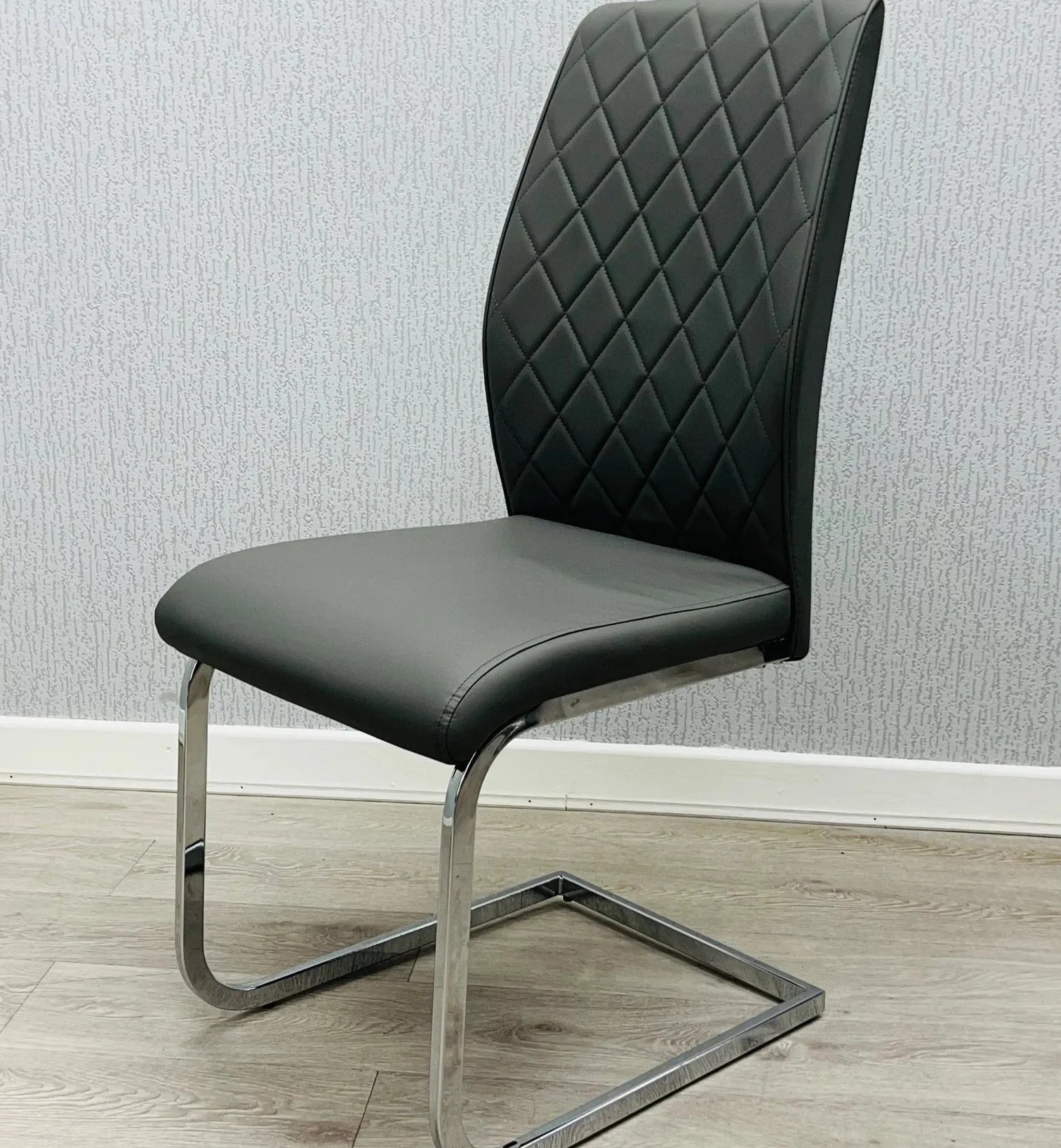 Atlantis Dining Chair grey PU faux leather dining chair with chrome frame UK
