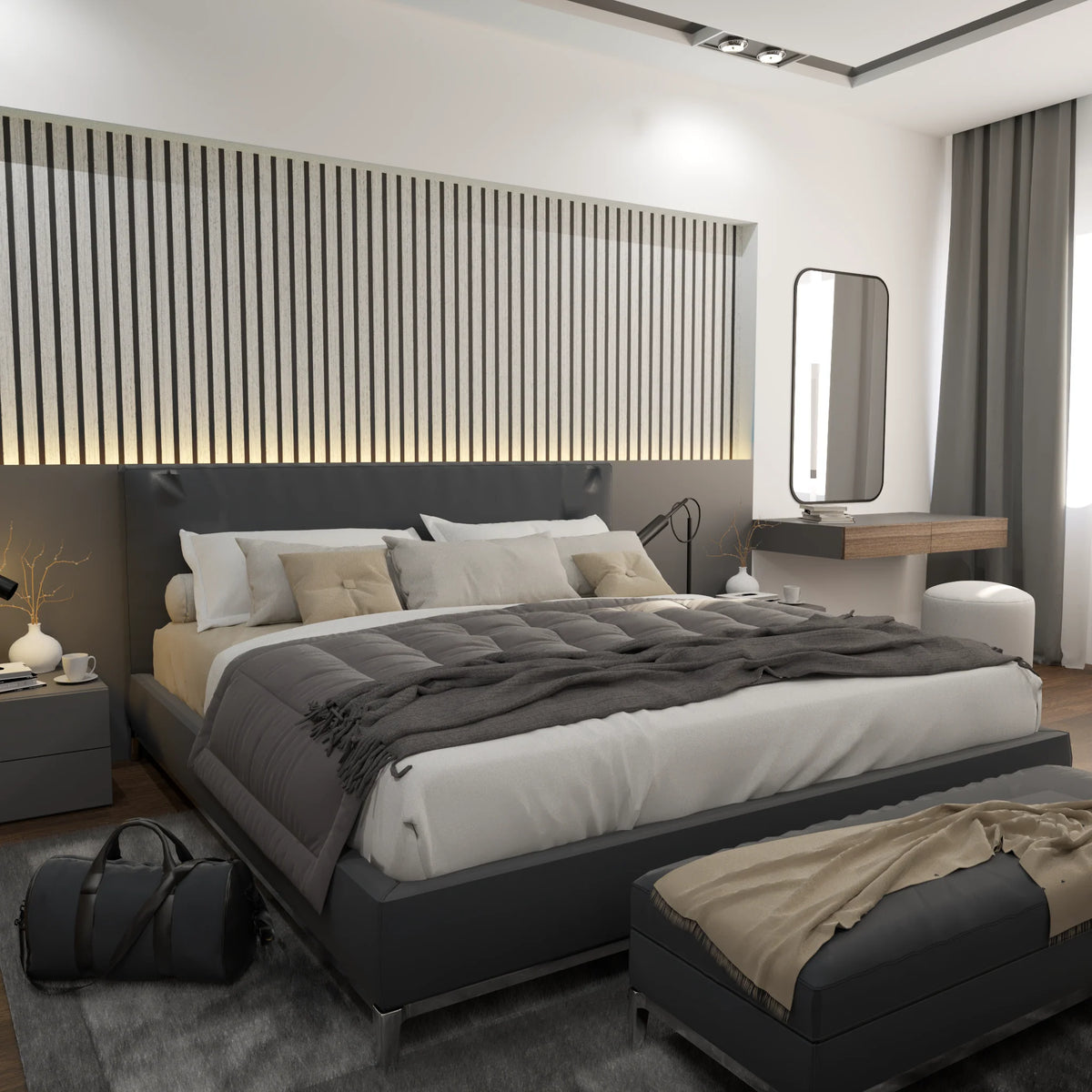 Solid Furniture UK grey acoustic wall panels installed on interior wall creating modern sound absorbing feature wall in home or office space