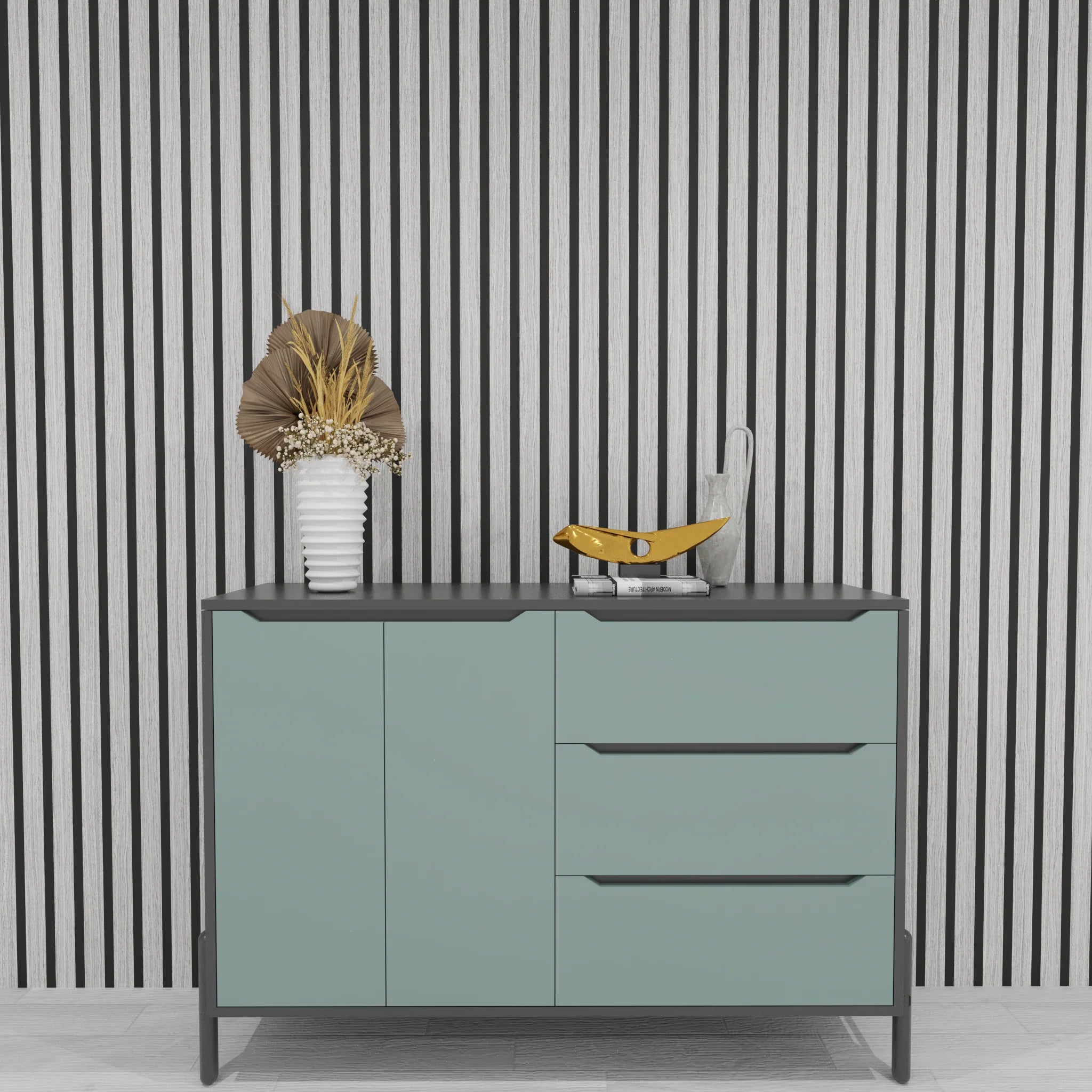 Solid Furniture UK elegant grey acoustic slatted wall panels installed in drawing room creating stylish modern feature wall with acoustic benefits