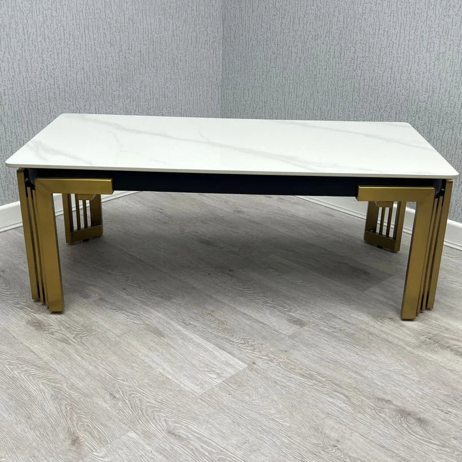 Sorrento rectangular ceramic coffee table with cream and gold top and gold frame | Solid Furniture UK