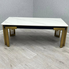 Sorrento rectangular ceramic coffee table with cream and gold top and gold frame | Solid Furniture UK