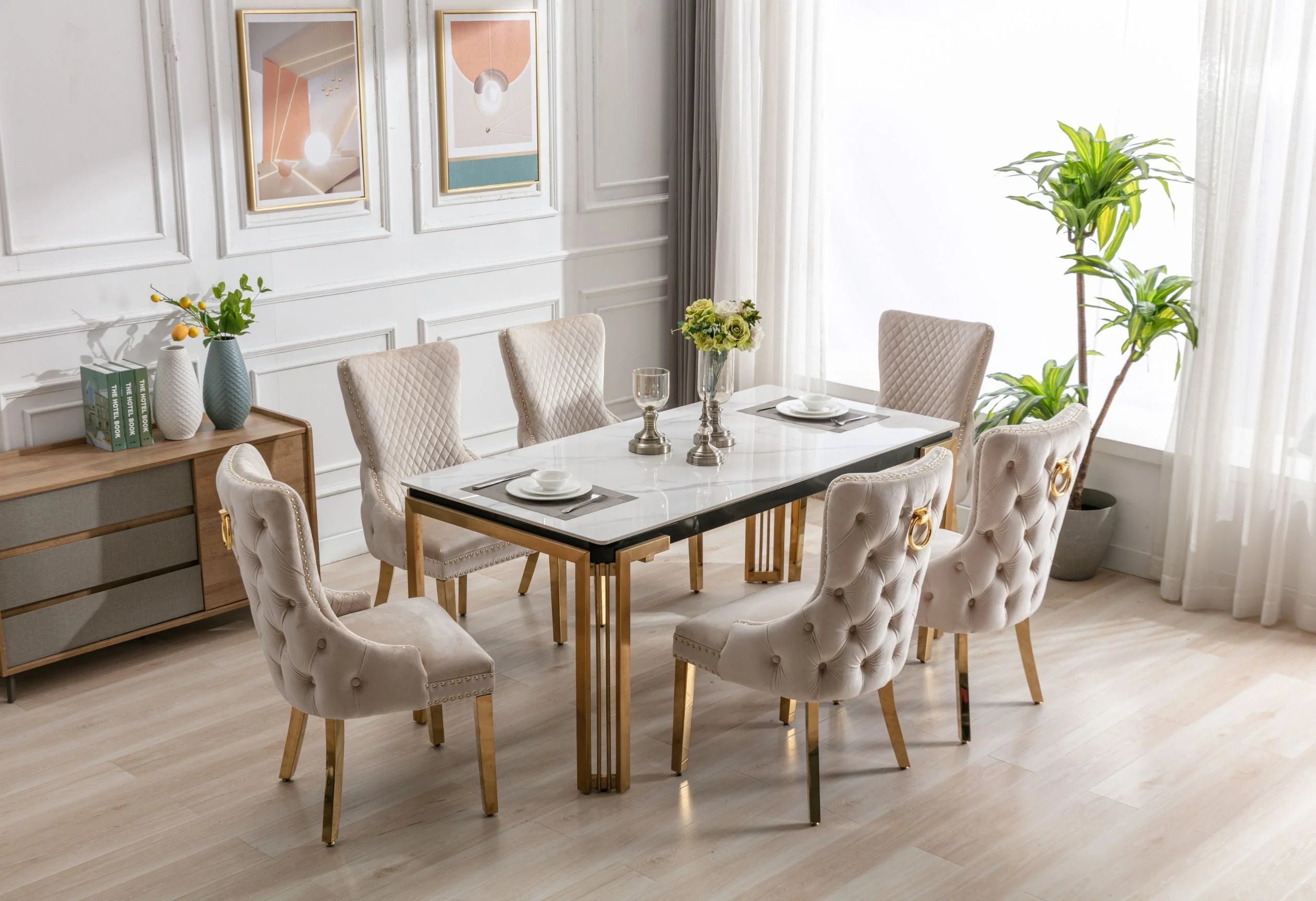 Sorrento ceramic rectangular dining set 150cm with Victoria Ring or Lion Knocker chairs modern luxury dining table UK Solid Furniture UK