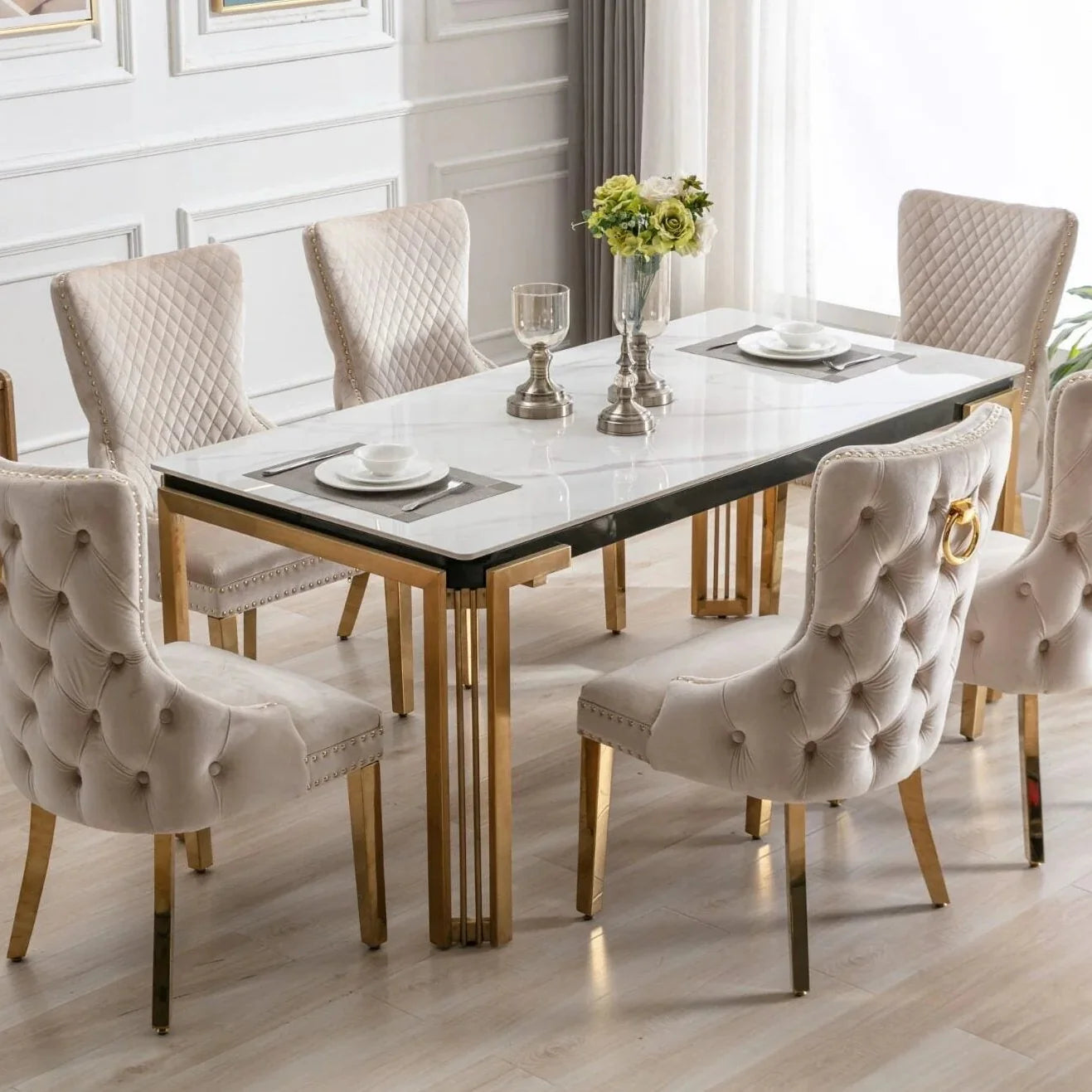 Sorrento ceramic rectangular dining set luxury modern dining table with Victoria Ring or Lion Knocker chairs UK Solid Furniture UK