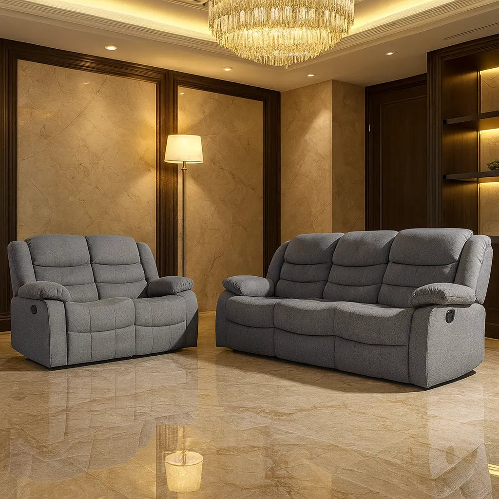 Sorrento grey fabric 3 seater recliner sofa with manual reclining seats solid furniture UK