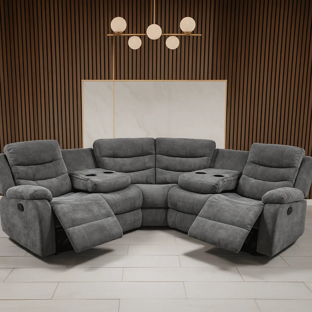 Sorrento grey fabric recliner corner sofa main view in modern living room setting solid furniture UK
