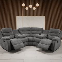 Sorrento grey fabric recliner corner sofa main view in modern living room setting solid furniture UK