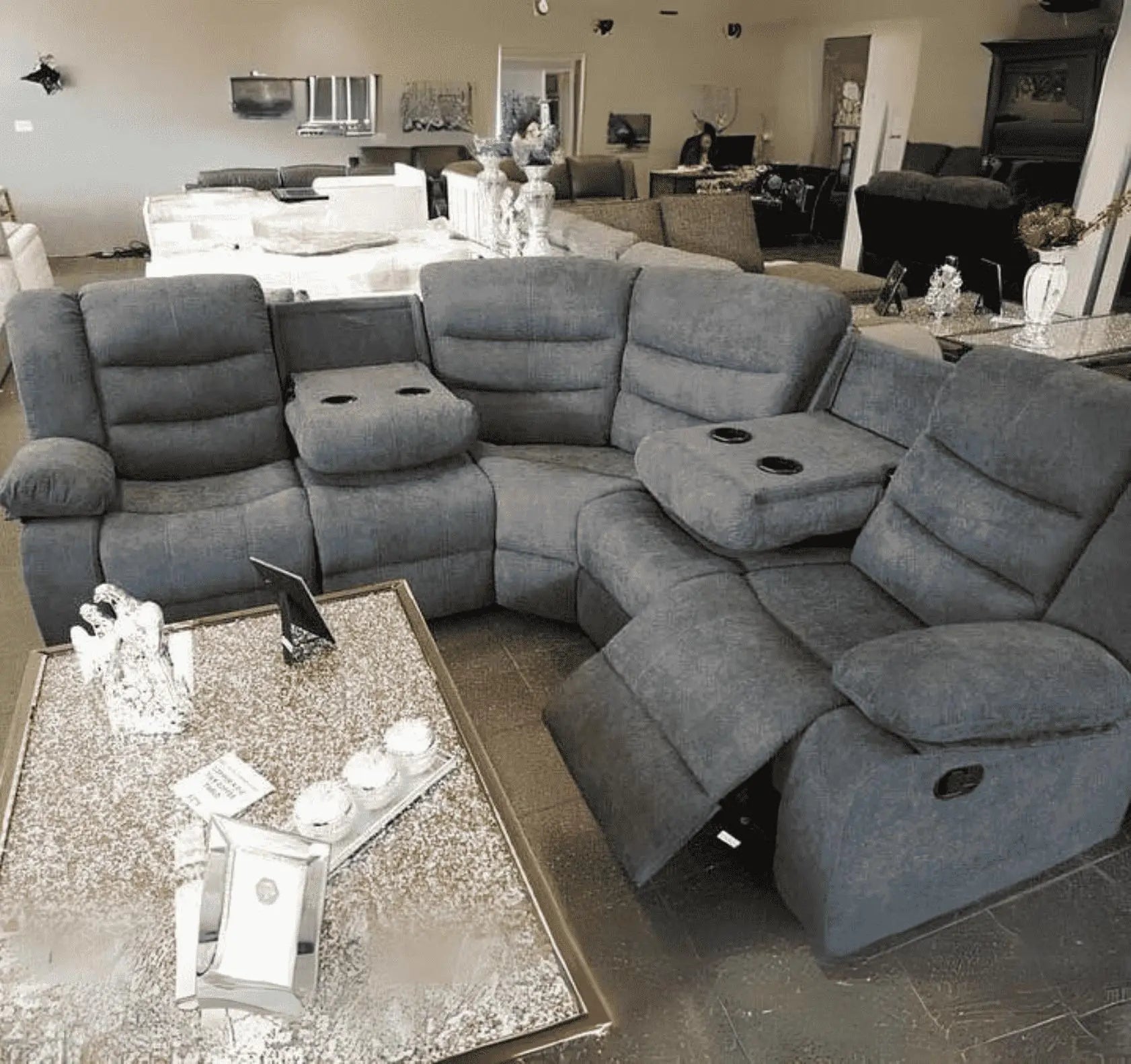 Side view of Sorrento grey fabric recliner sofa with extended footrest and reclining function solid furniture UK