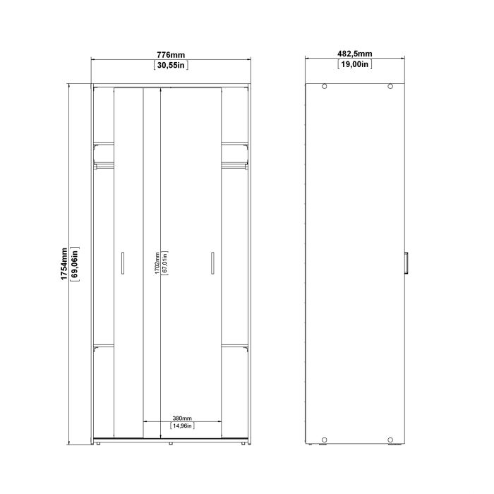 Front view of Space 2 Sliding Doors Wardrobe (W 776 x H 1754 x D 482 mm) in modern white, compact storage for UK bedrooms solid furniture UK