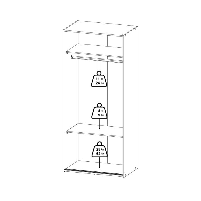 Space 2 Sliding Doors Wardrobe with doors open showing interior shelving and hanging space