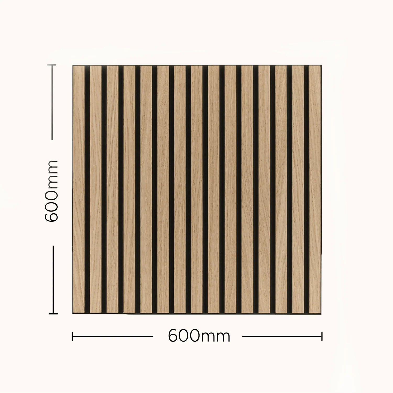 3D decorative acoustic wood wall panel 60x60cm dimensions by Solid Furniture UK showing slat width 27mm, 13mm gap, and 2cm thickness