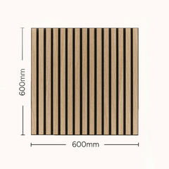 3D decorative acoustic wood wall panel 60x60cm dimensions by Solid Furniture UK showing slat width 27mm, 13mm gap, and 2cm thickness