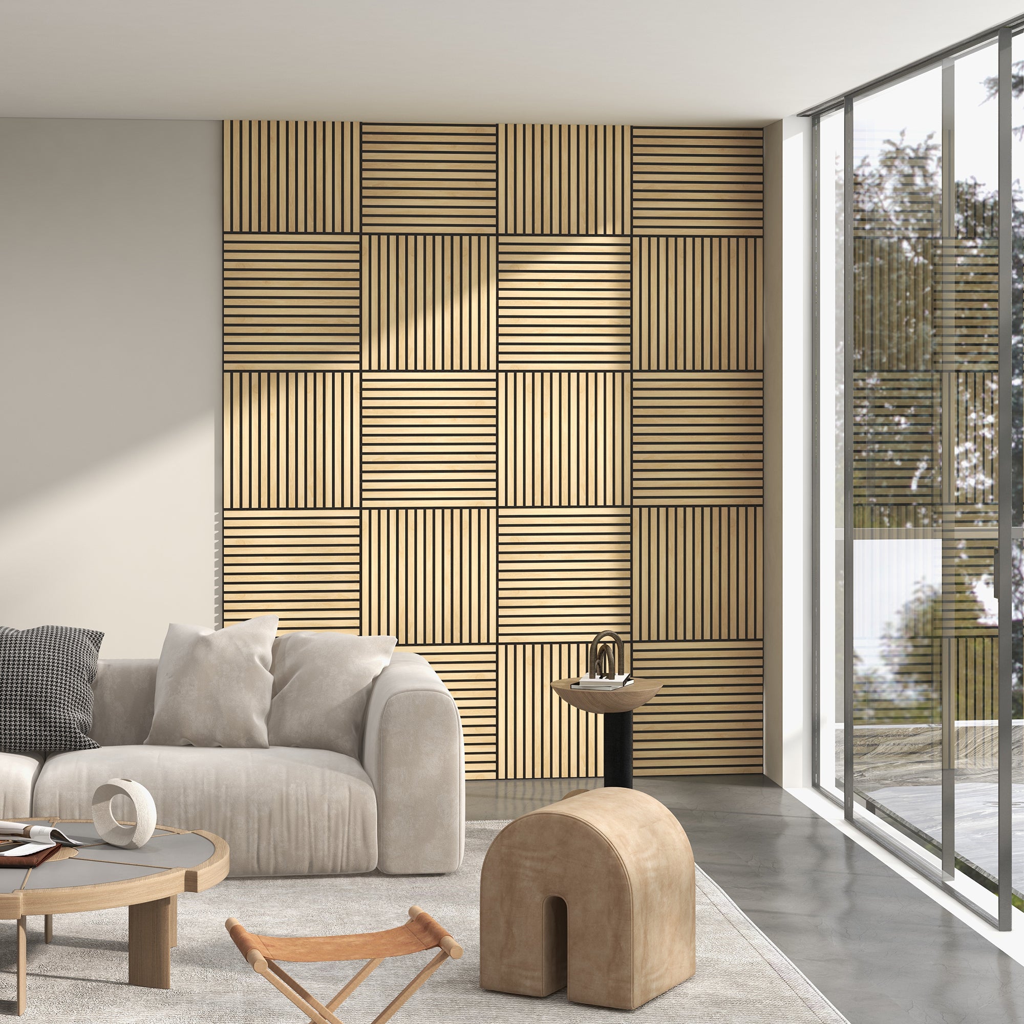 3D decorative oak acoustic wall panels 60x60cm by Solid Furniture UK in a bright daylight interior highlighting natural wood texture and modern home or office design